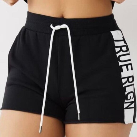 True Religion Sweat Shorts Cotton Terry Black Drawstring Knit NWOT Sz M - Picture 1 of 7